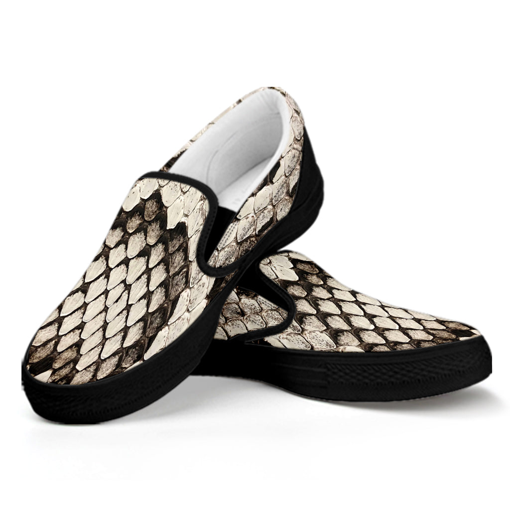 Beige Snakeskin Print Black Slip On Shoes