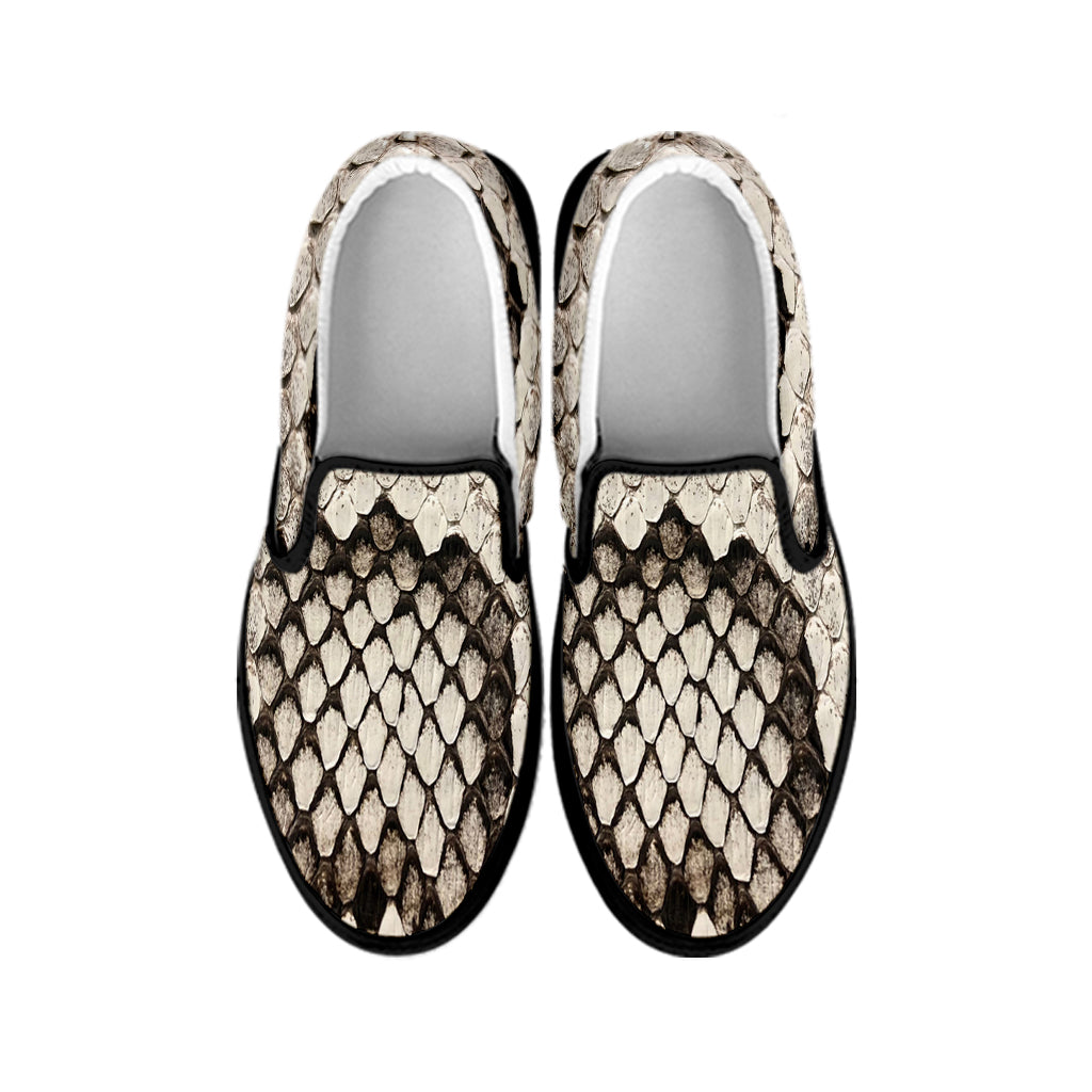 Beige Snakeskin Print Black Slip On Shoes