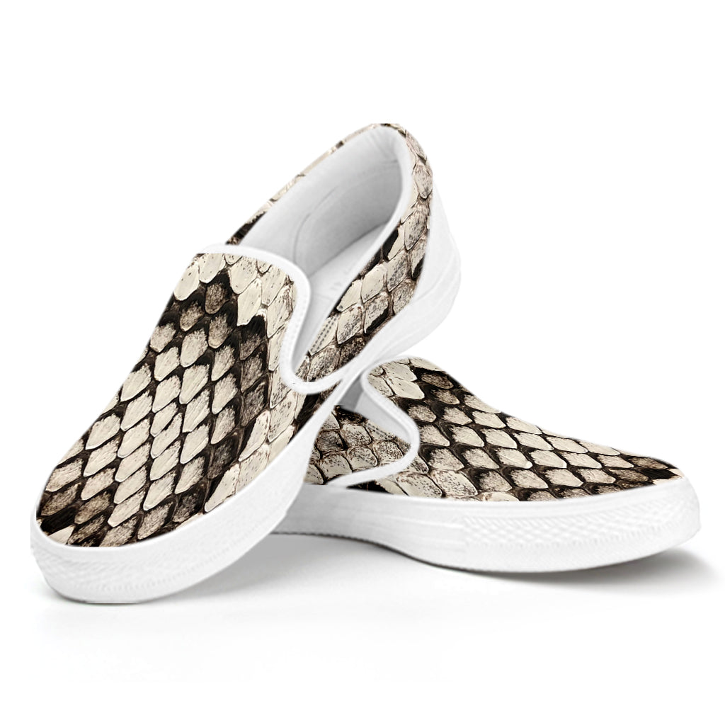 Beige Snakeskin Print White Slip On Shoes