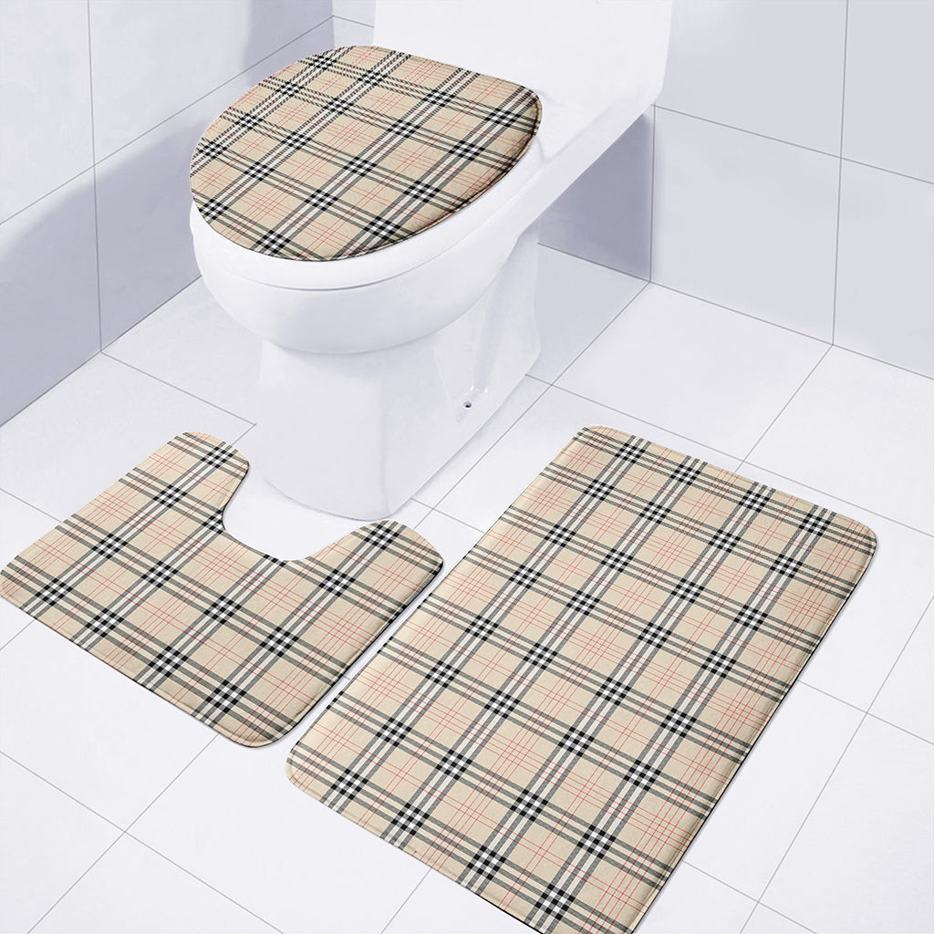 Beige Tartan Pattern Print 3 Piece Bath Mat Set