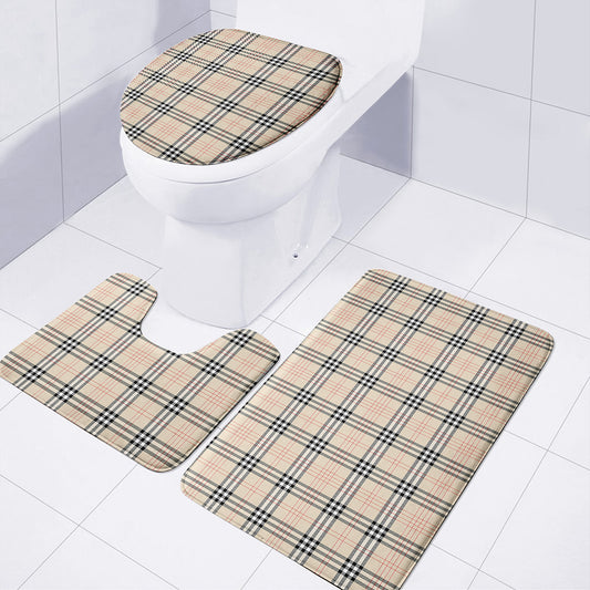 Beige Tartan Pattern Print 3 Piece Bath Mat Set