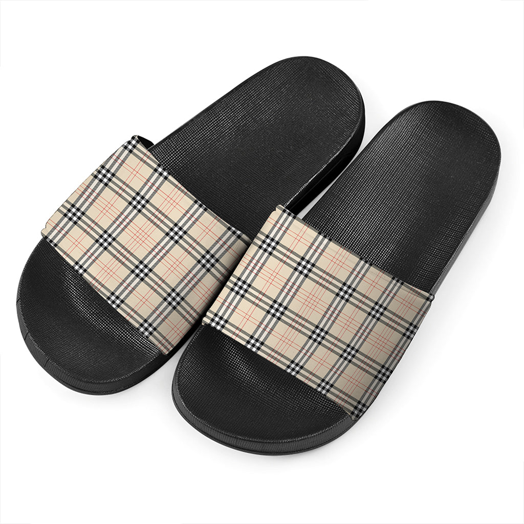 Beige Tartan Pattern Print Black Slide Sandals