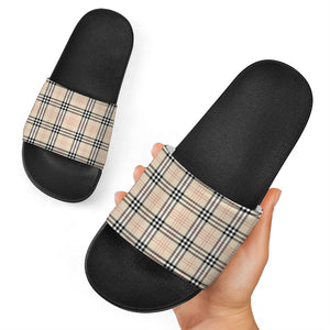 Beige Tartan Pattern Print Black Slide Sandals