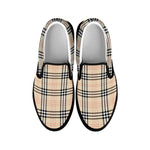 Beige Tartan Pattern Print Black Slip On Shoes