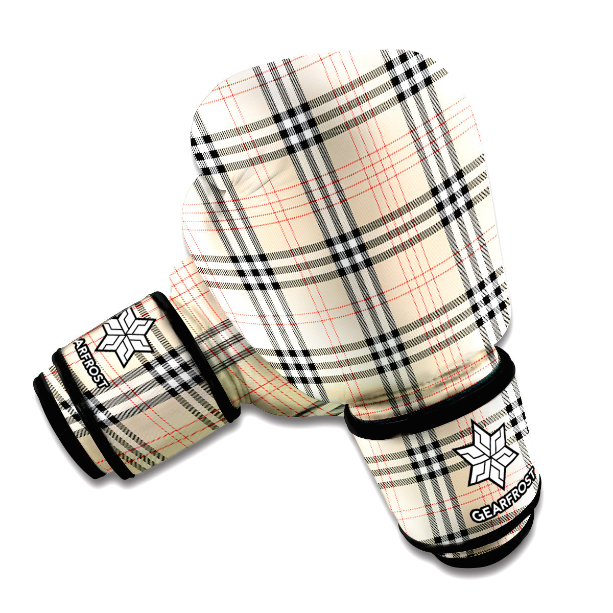 Beige Tartan Pattern Print Boxing Gloves