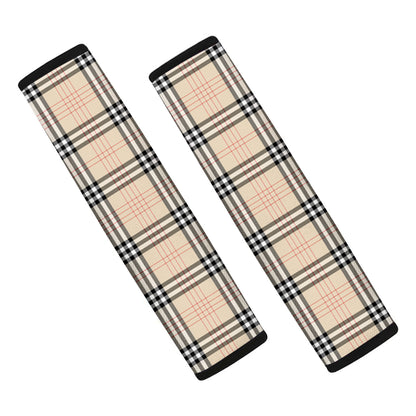 Beige Tartan Pattern Print Car Seat Belt Covers