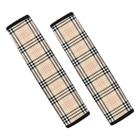 Beige Tartan Pattern Print Car Seat Belt Covers
