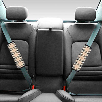 Beige Tartan Pattern Print Car Seat Belt Covers
