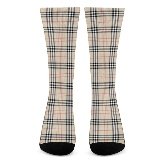 Beige Tartan Pattern Print Crew Socks