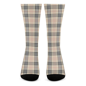 Beige Tartan Pattern Print Crew Socks