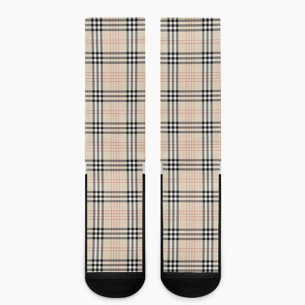 Beige Tartan Pattern Print Crew Socks