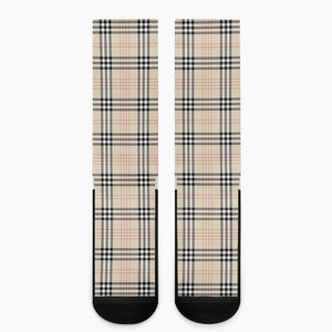 Beige Tartan Pattern Print Crew Socks