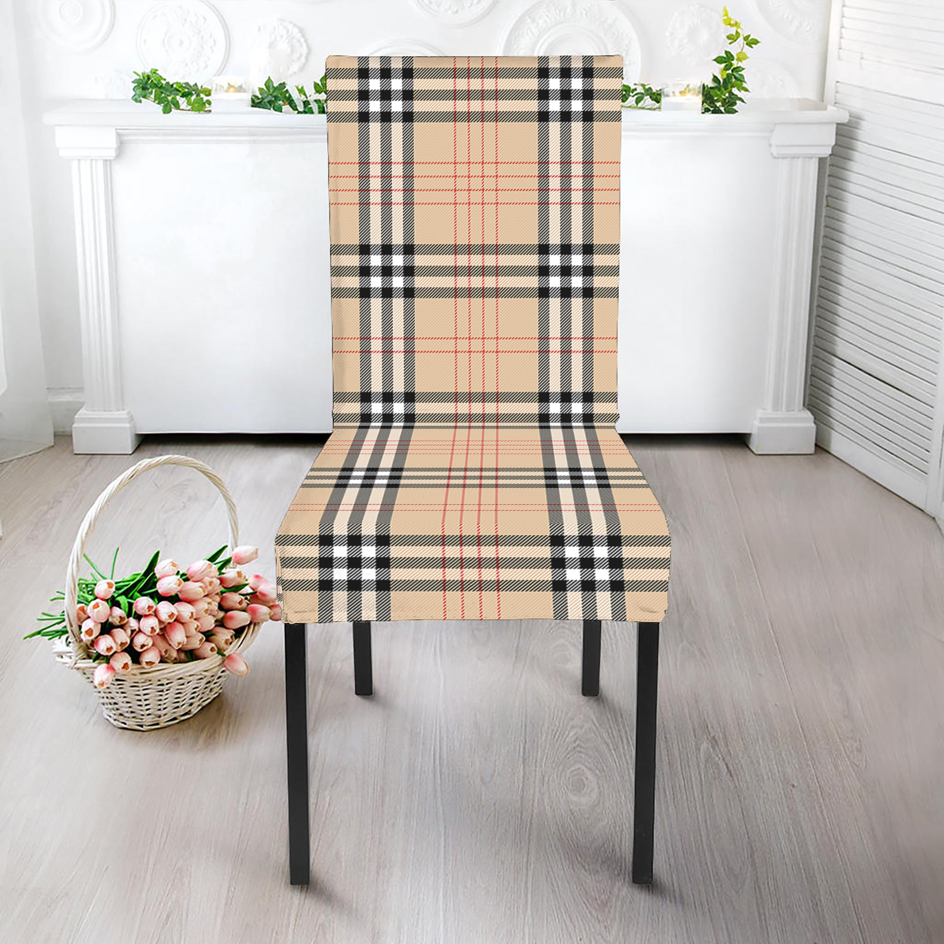 Beige Tartan Pattern Print Dining Chair Slipcover