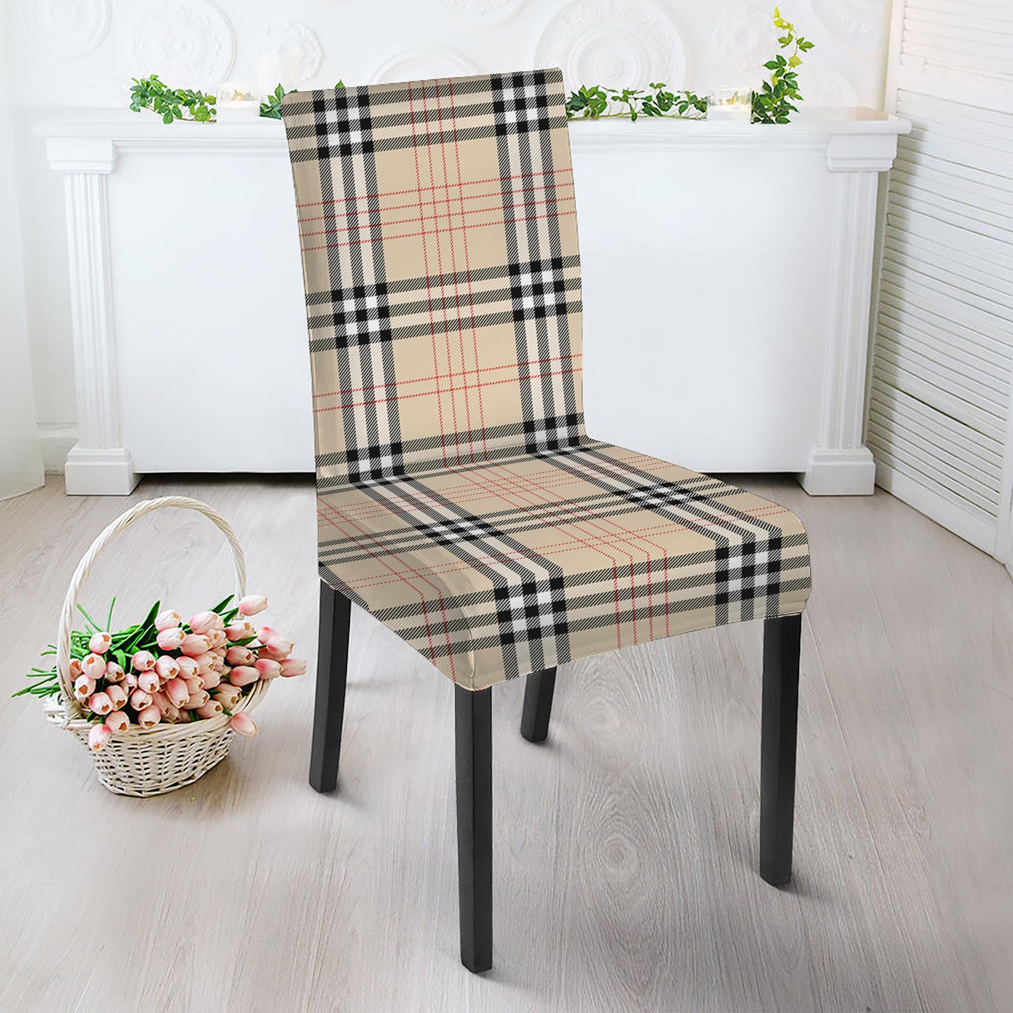 Beige Tartan Pattern Print Dining Chair Slipcover