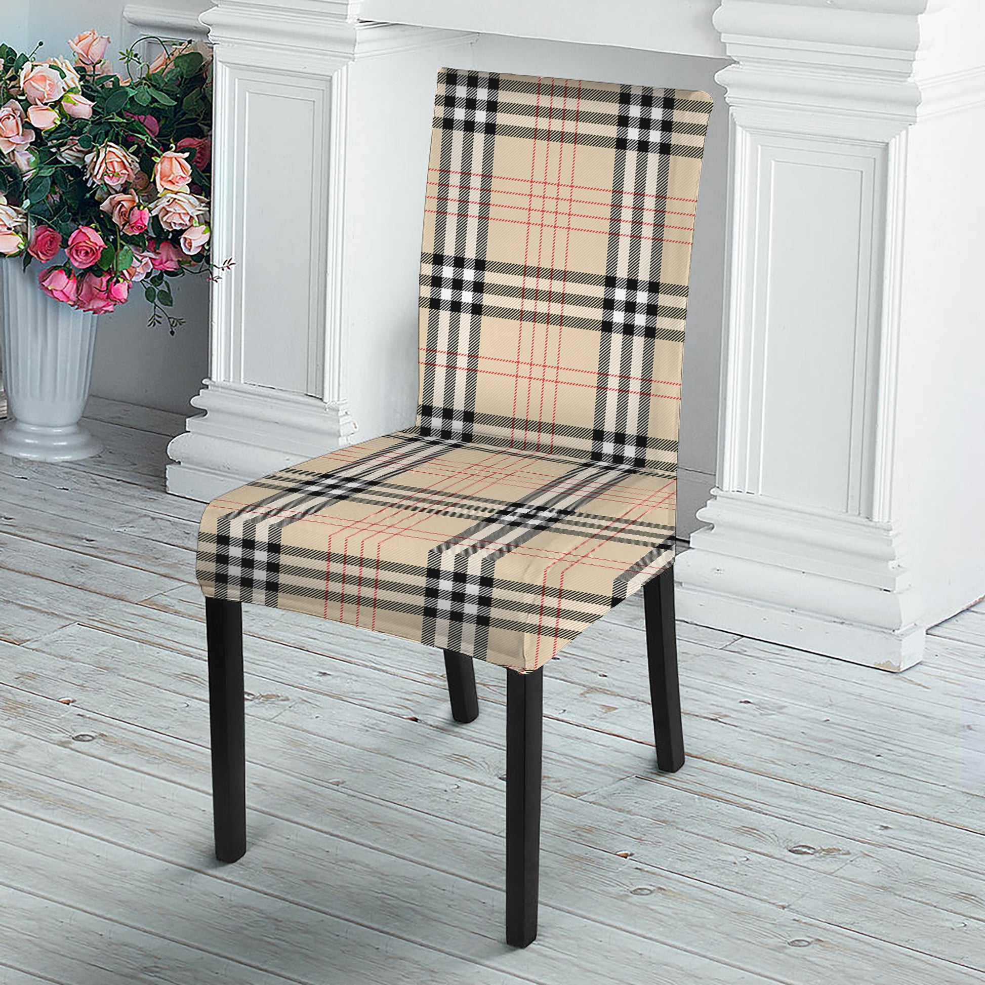 Beige Tartan Pattern Print Dining Chair Slipcover