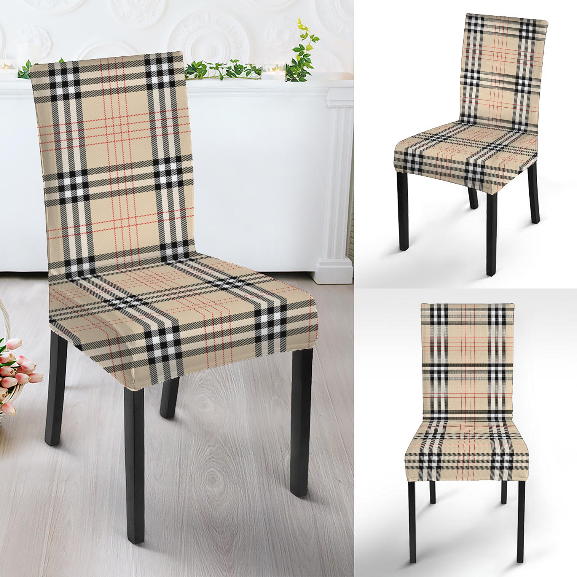 Beige Tartan Pattern Print Dining Chair Slipcover