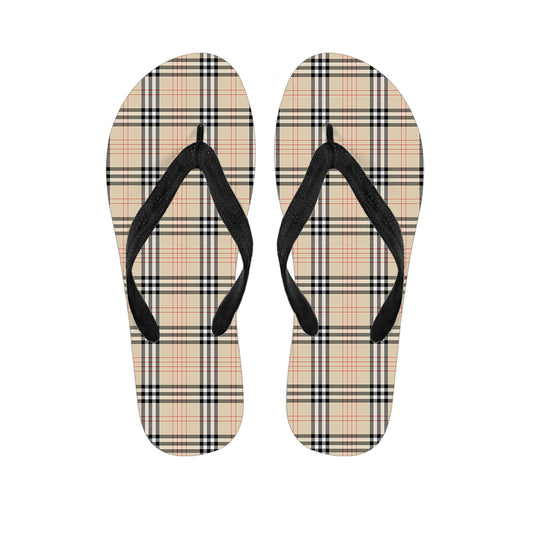 Beige Tartan Pattern Print Flip Flops
