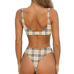 Beige Tartan Pattern Print Front Bow Tie Bikini