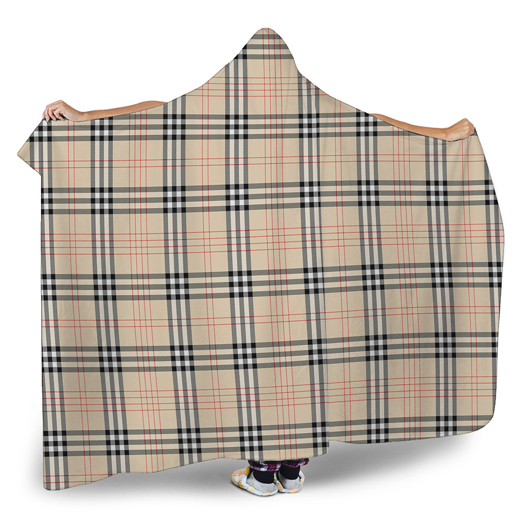 Beige Tartan Pattern Print Hooded Blanket