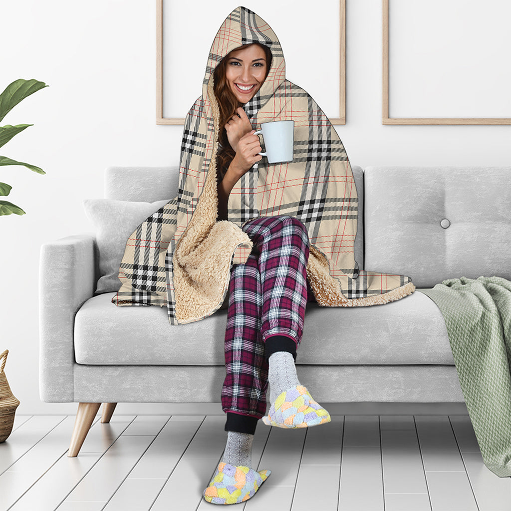 Beige Tartan Pattern Print Hooded Blanket