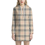 Beige Tartan Pattern Print Hoodie Dress