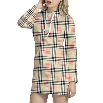 Beige Tartan Pattern Print Hoodie Dress