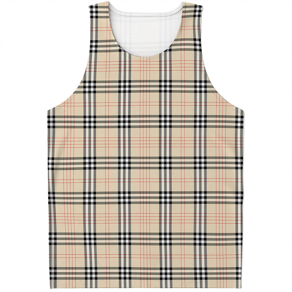 Beige Tartan Pattern Print Men's Tank Top