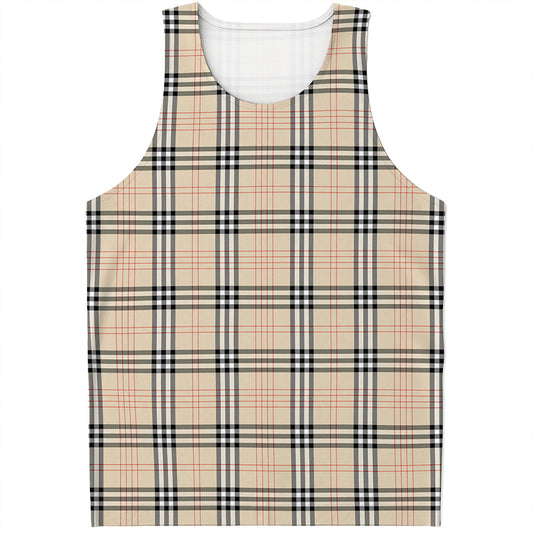 Beige Tartan Pattern Print Men's Tank Top