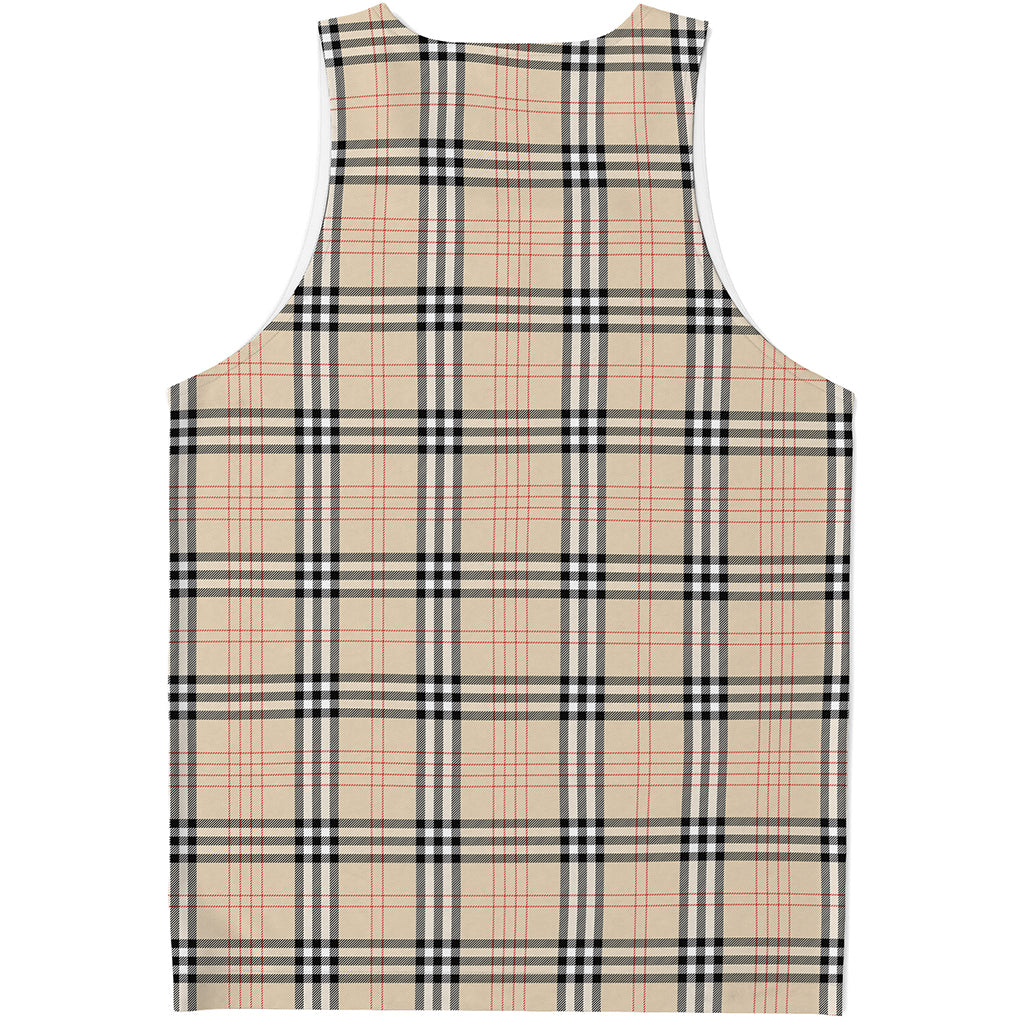 Beige Tartan Pattern Print Men's Tank Top