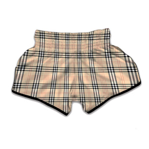 Beige Tartan Pattern Print Muay Thai Boxing Shorts