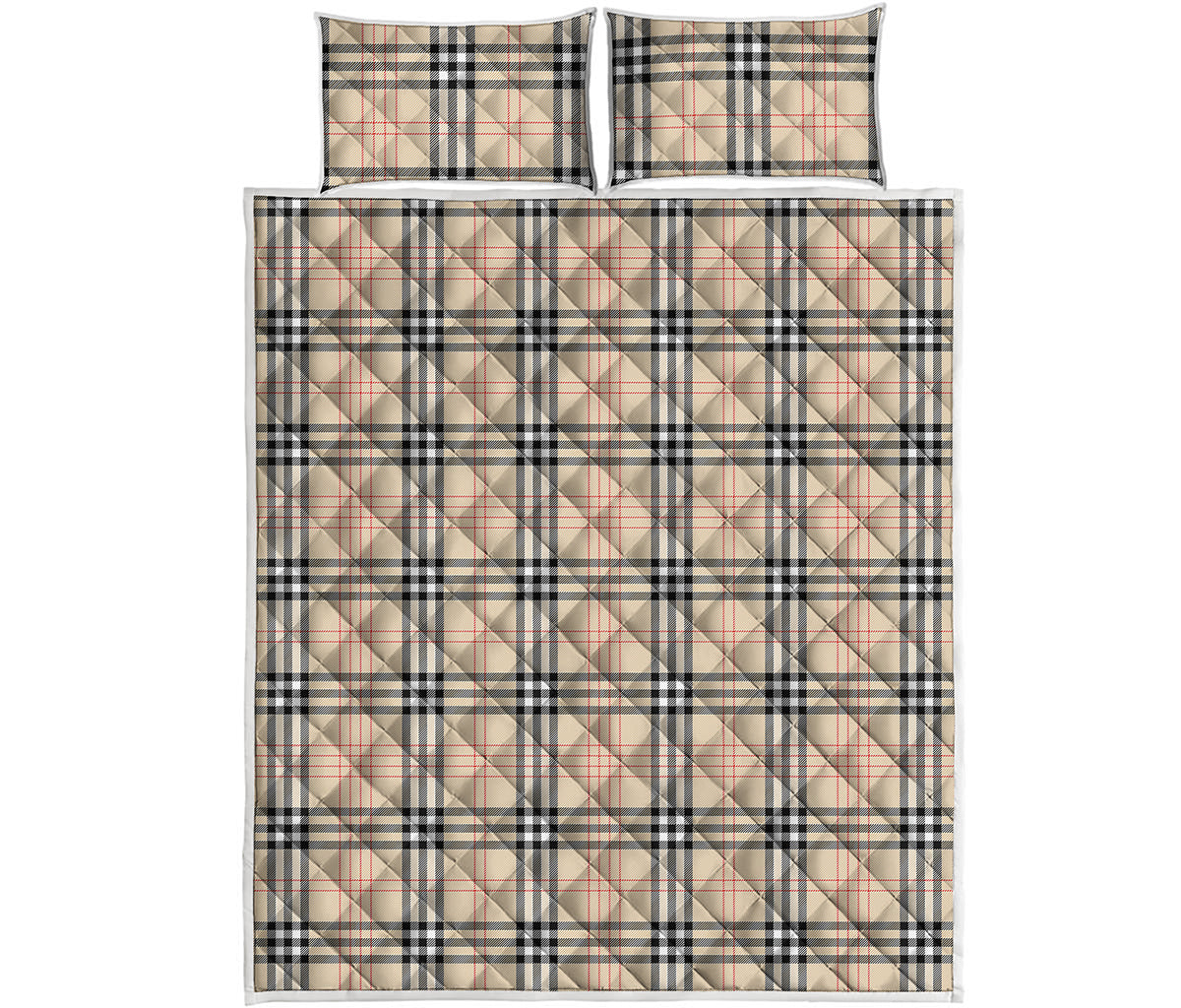 Beige Tartan Pattern Print Quilt Bed Set