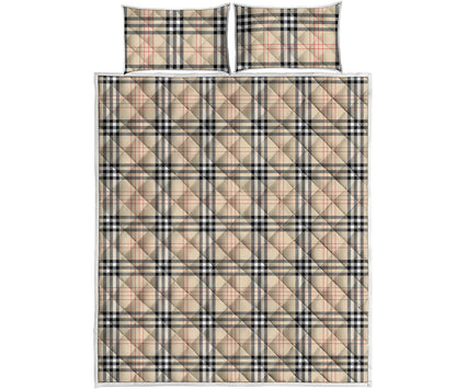 Beige Tartan Pattern Print Quilt Bed Set