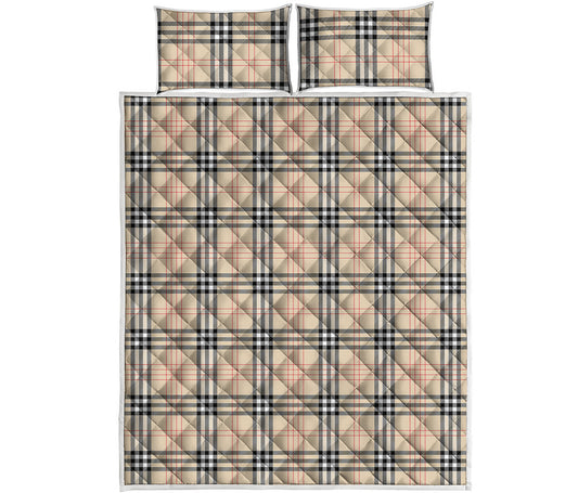 Beige Tartan Pattern Print Quilt Bed Set