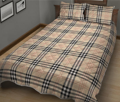 Beige Tartan Pattern Print Quilt Bed Set