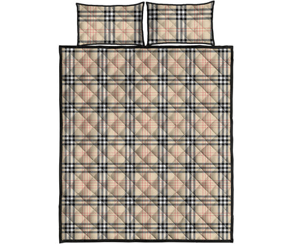 Beige Tartan Pattern Print Quilt Bed Set