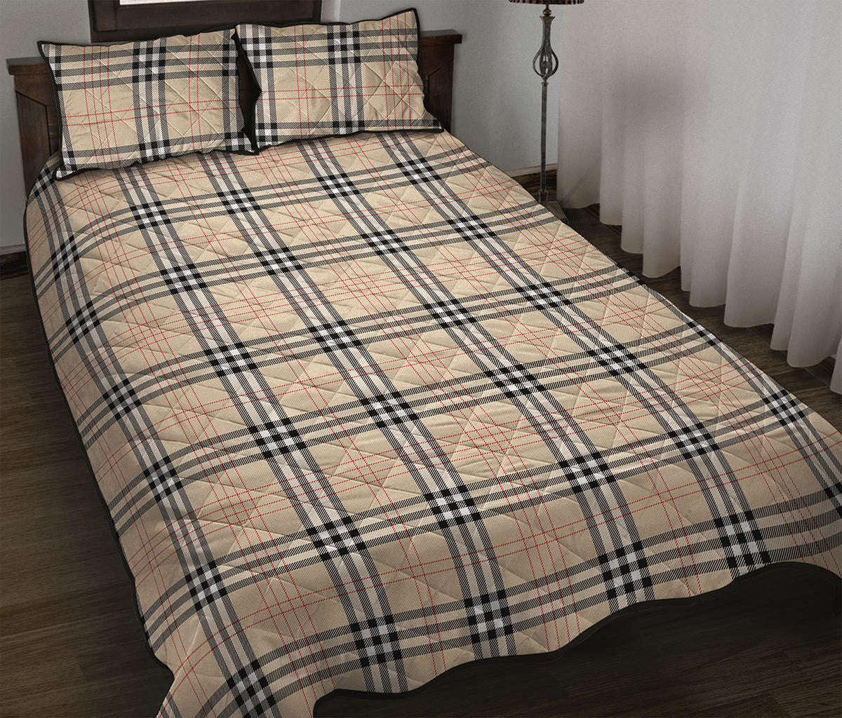 Beige Tartan Pattern Print Quilt Bed Set