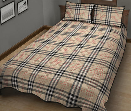 Beige Tartan Pattern Print Quilt Bed Set