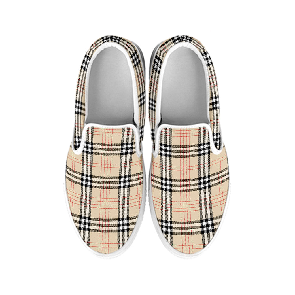 Beige Tartan Pattern Print White Slip On Shoes