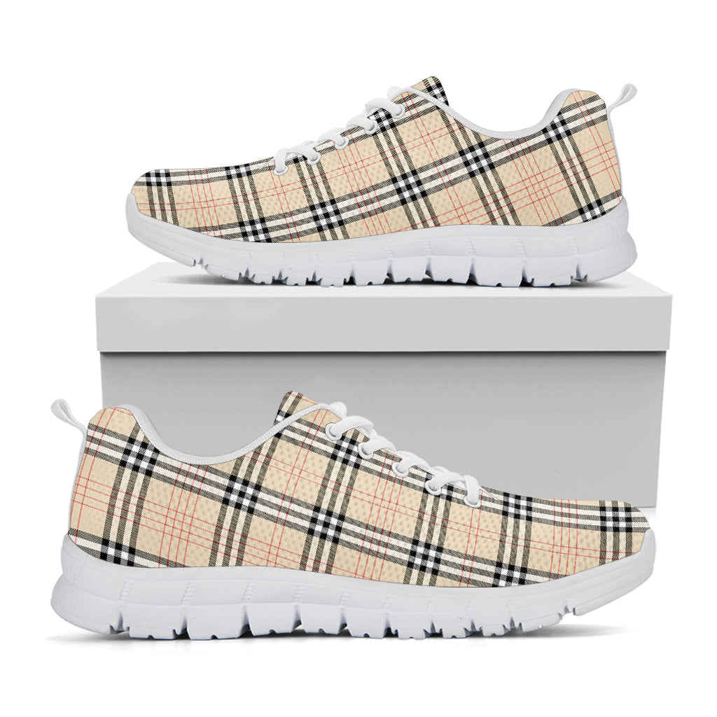 Beige Tartan Pattern Print White Sneakers