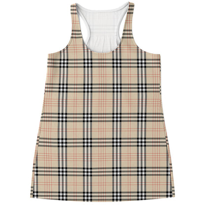 Beige Tartan Pattern Print Women's Racerback Tank Top