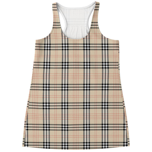 Beige Tartan Pattern Print Women's Racerback Tank Top