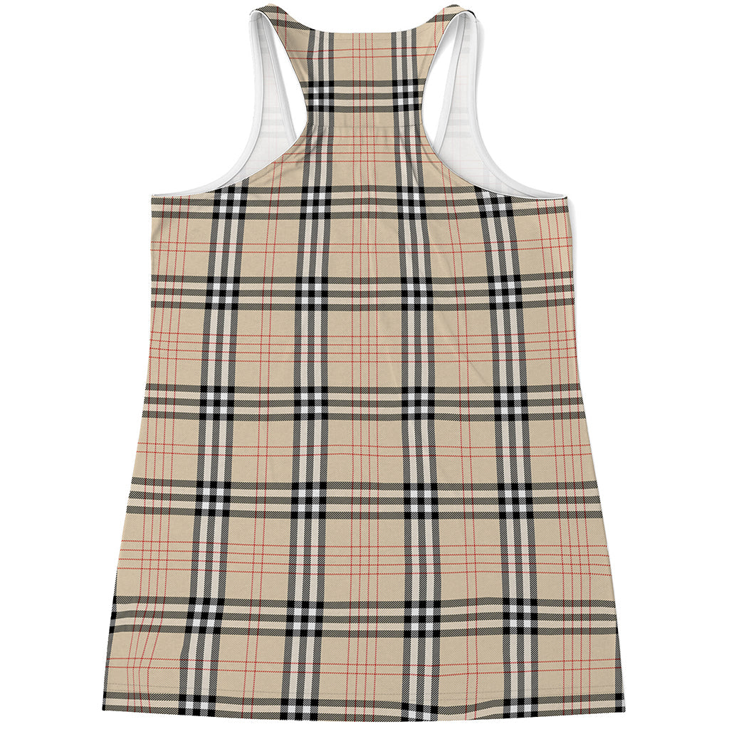 Beige Tartan Pattern Print Women's Racerback Tank Top