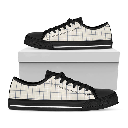 Beige Tattersall Pattern Print Black Low Top Shoes
