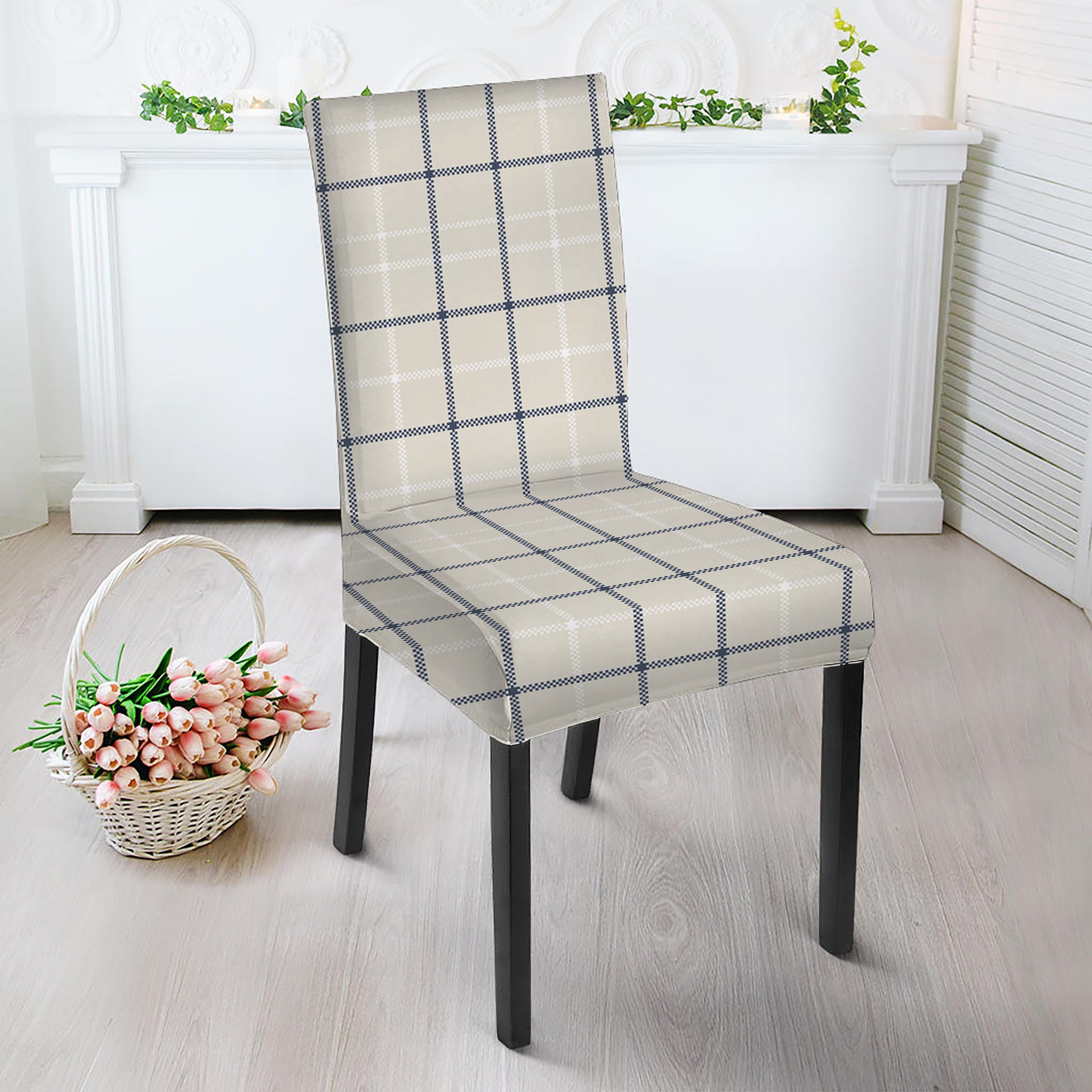 Beige Tattersall Pattern Print Dining Chair Slipcover