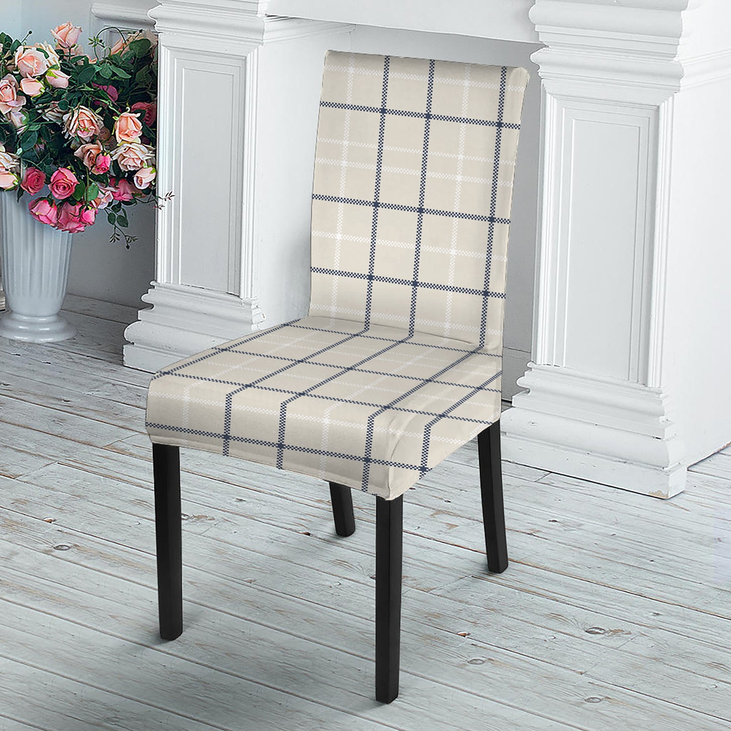 Beige Tattersall Pattern Print Dining Chair Slipcover