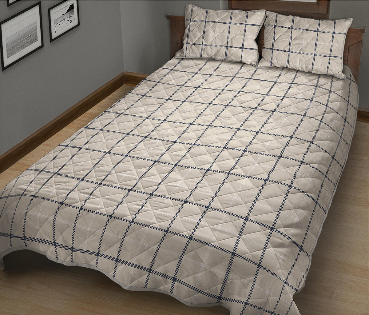 Beige Tattersall Pattern Print Quilt Bed Set