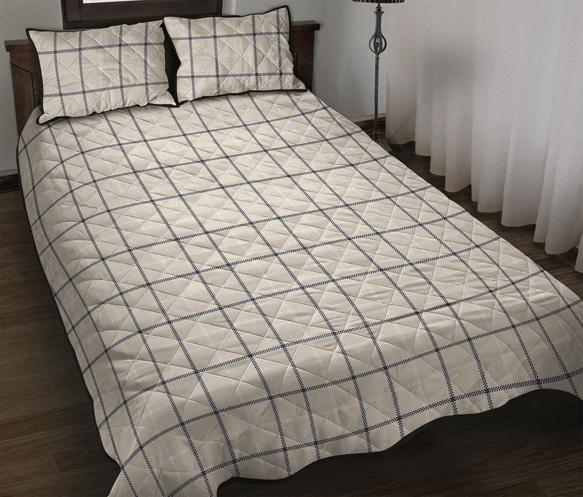 Beige Tattersall Pattern Print Quilt Bed Set