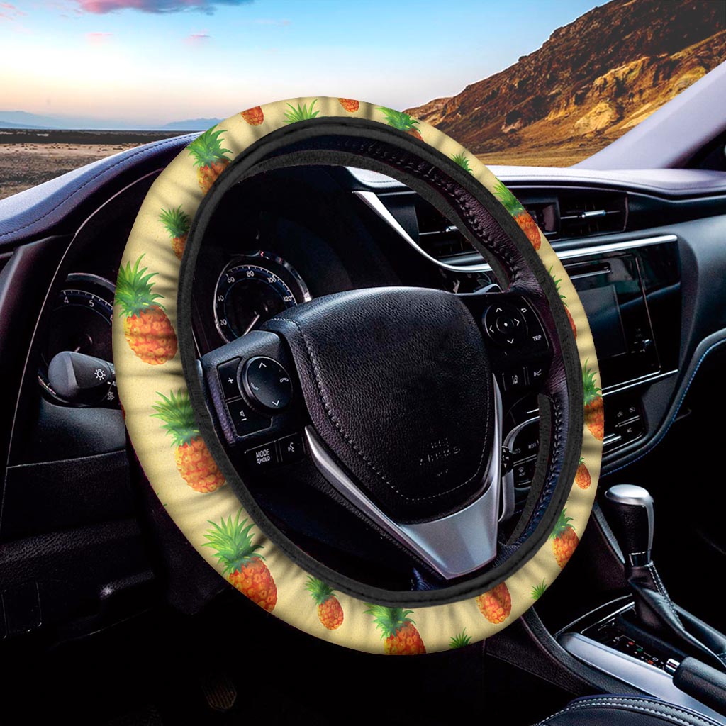 Beige Watercolor Pineapple Pattern Print Car Steering Wheel Cover