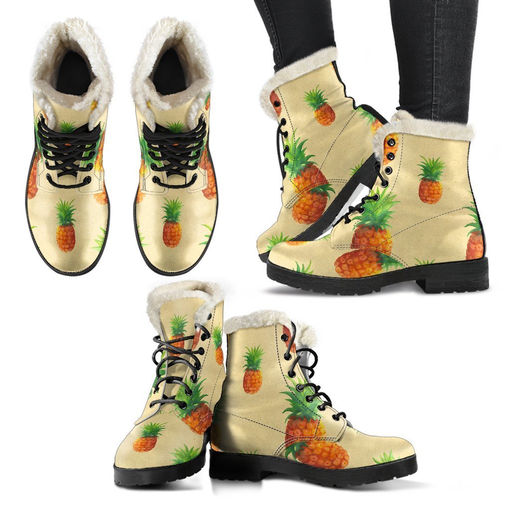 Beige Watercolor Pineapple Pattern Print Comfy Boots GearFrost