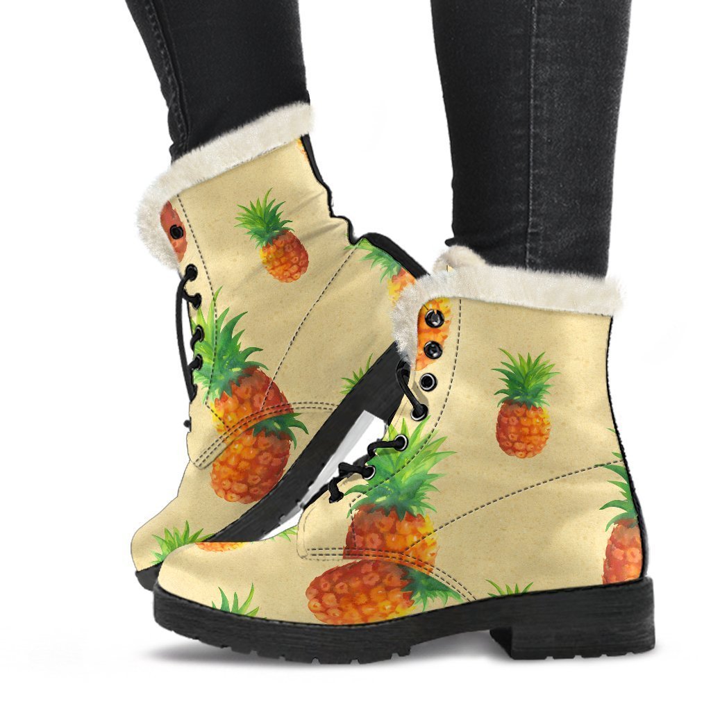 Beige Watercolor Pineapple Pattern Print Comfy Boots GearFrost